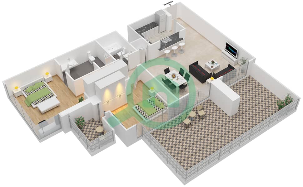 大道中央1号大厦 - 2 卧室公寓套房1 FLOOR 2戶型图 interactive3D