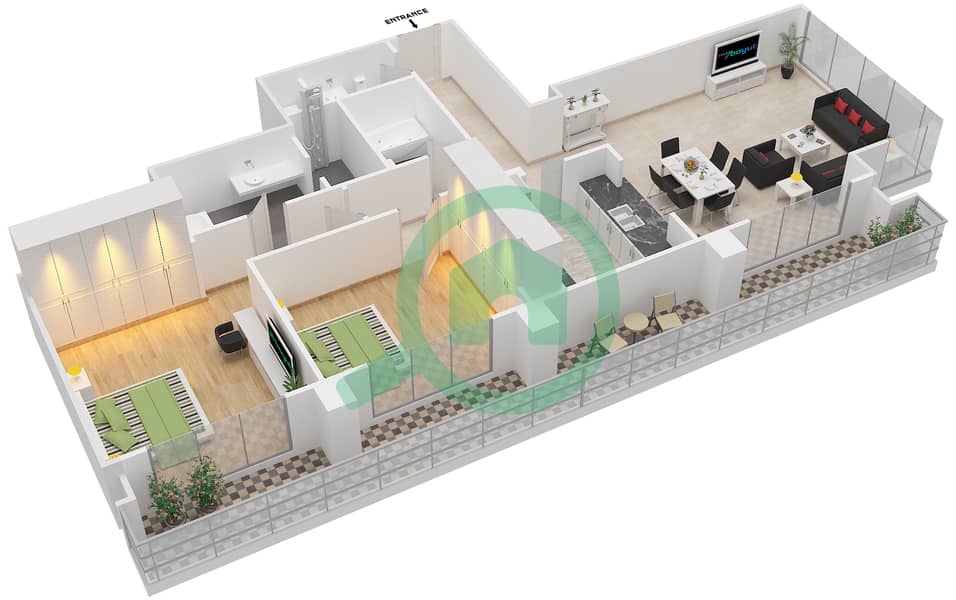 المخططات الطابقية لتصميم التصميم 7 FLOOR 23 شقة 2 غرفة نوم - بوليفارد سنترال 1 interactive3D