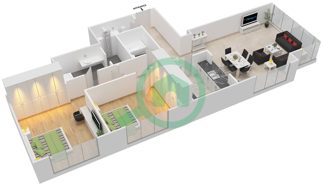 المخططات الطابقية لتصميم التصميم 7 FLOOR 24 شقة 2 غرفة نوم - بوليفارد سنترال 1 interactive3D