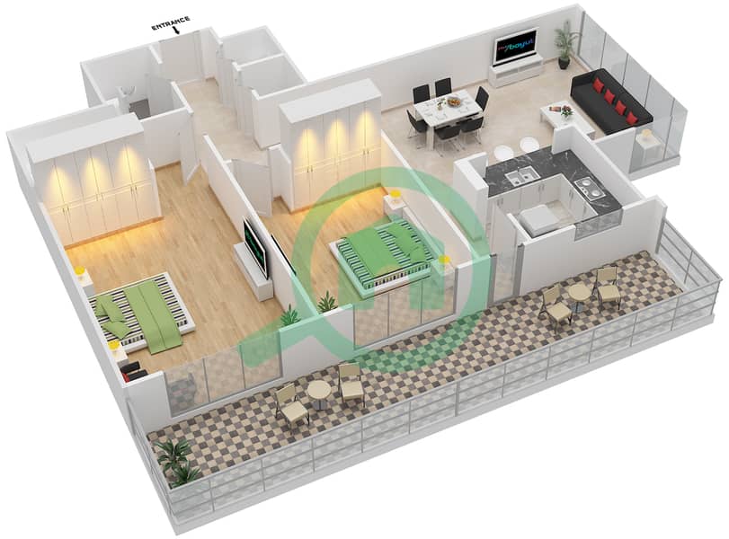 المخططات الطابقية لتصميم التصميم 7 FLOOR 20 شقة 2 غرفة نوم - بوليفارد سنترال 1 interactive3D
