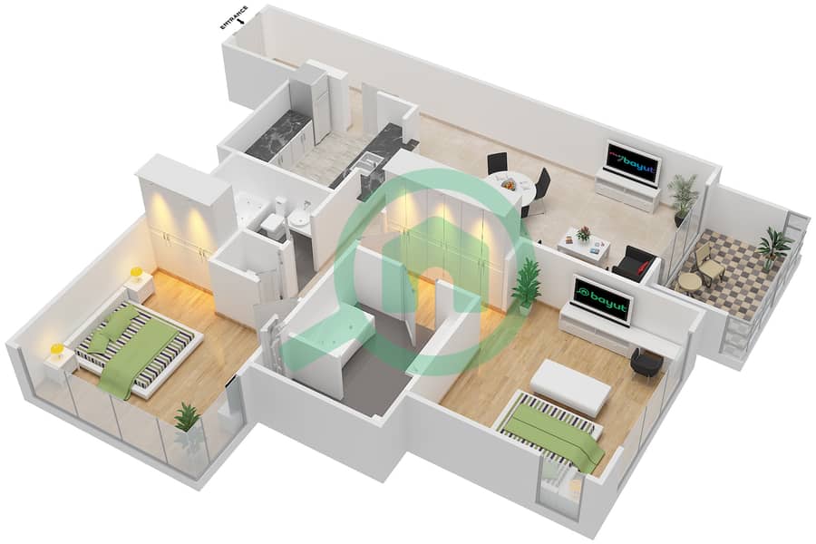 المخططات الطابقية لتصميم التصميم 5 FLOOR 6-19 شقة 2 غرفة نوم - بوليفارد سنترال 1 interactive3D