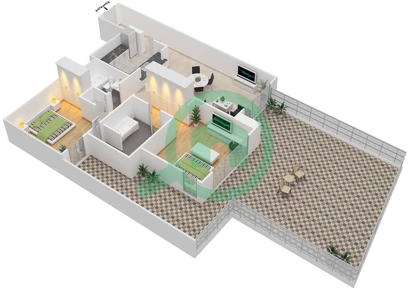大道中央1号大厦 - 2 卧室公寓套房5 FLOOR-3戶型图 interactive3D