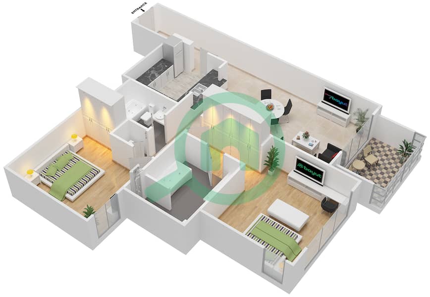 المخططات الطابقية لتصميم التصميم 5 FLOOR 4-5 شقة 2 غرفة نوم - بوليفارد سنترال 1 interactive3D