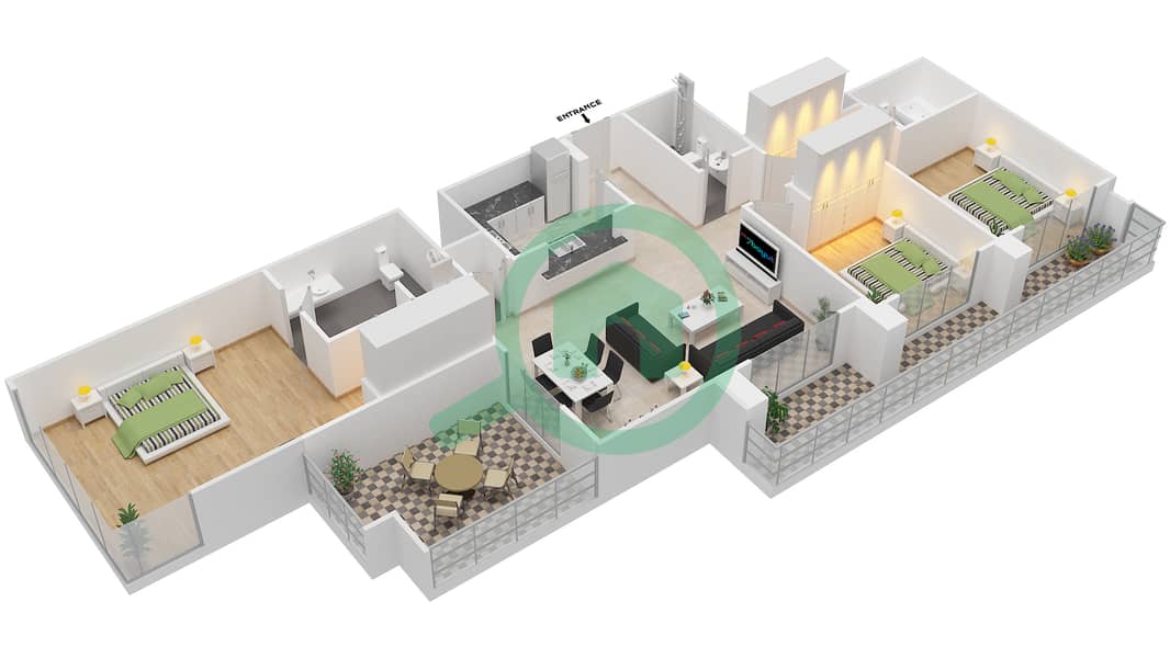 大道中央1号大厦 - 3 卧室公寓套房1 FLOOR 23戶型图 interactive3D