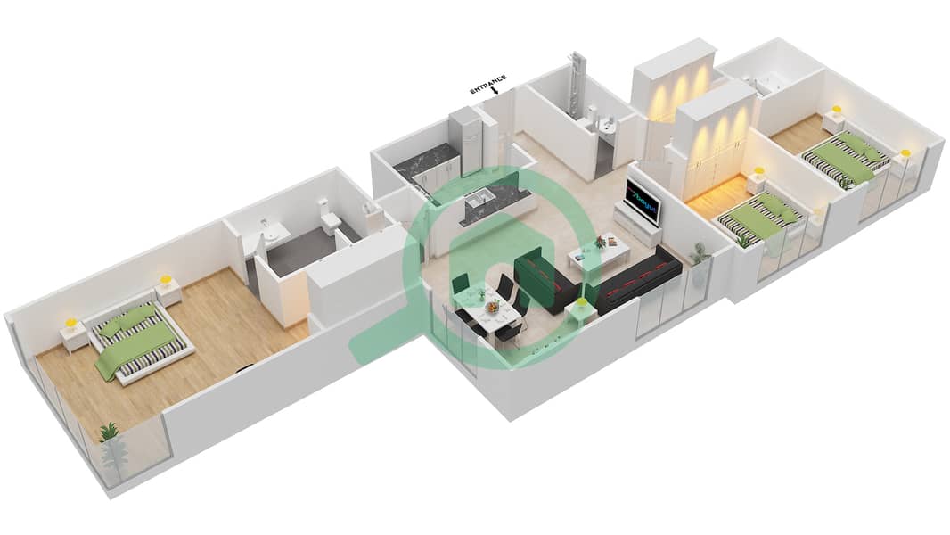 المخططات الطابقية لتصميم التصميم 1 FLOOR-24 شقة 3 غرف نوم - بوليفارد سنترال 1 interactive3D