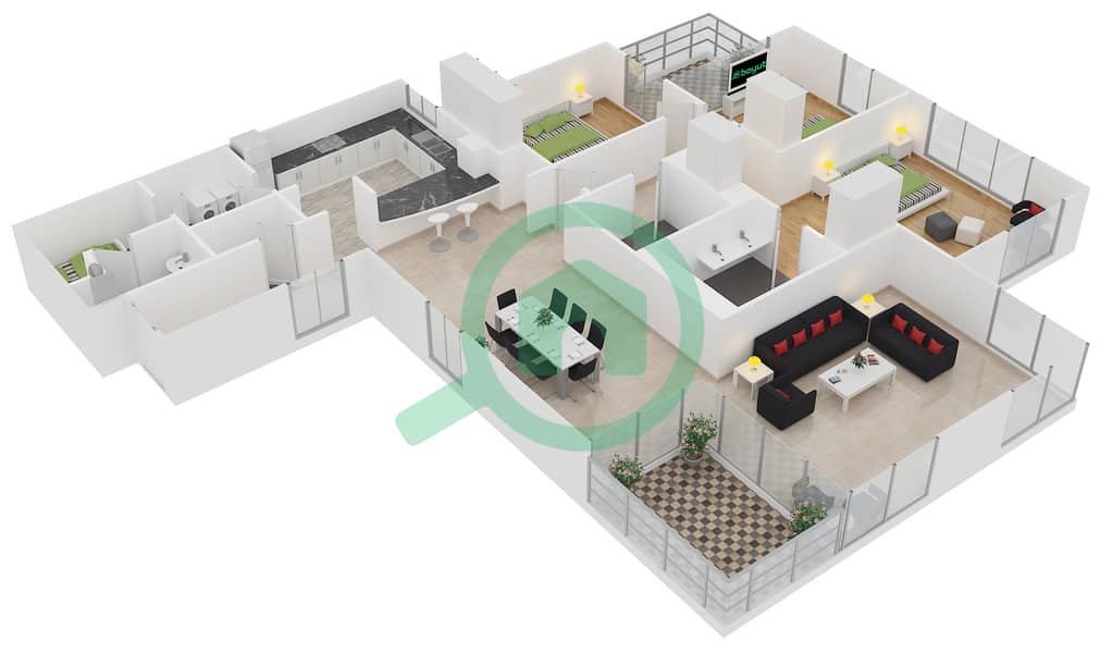 المخططات الطابقية لتصميم الوحدة 04 / FLOOR 25-34 شقة 3 غرف نوم - برج المرجان interactive3D