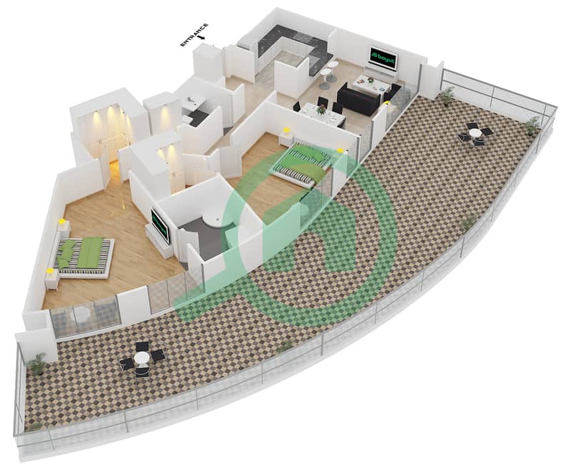 المخططات الطابقية لتصميم التصميم 17 FLOOR 3 شقة 2 غرفة نوم - 29 بوليفارد بوديوم interactive3D