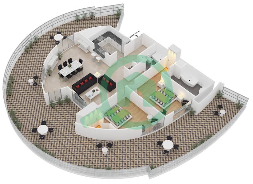 المخططات الطابقية لتصميم التصميم 18 FLOOR 3 شقة 2 غرفة نوم - 29 بوليفارد بوديوم interactive3D