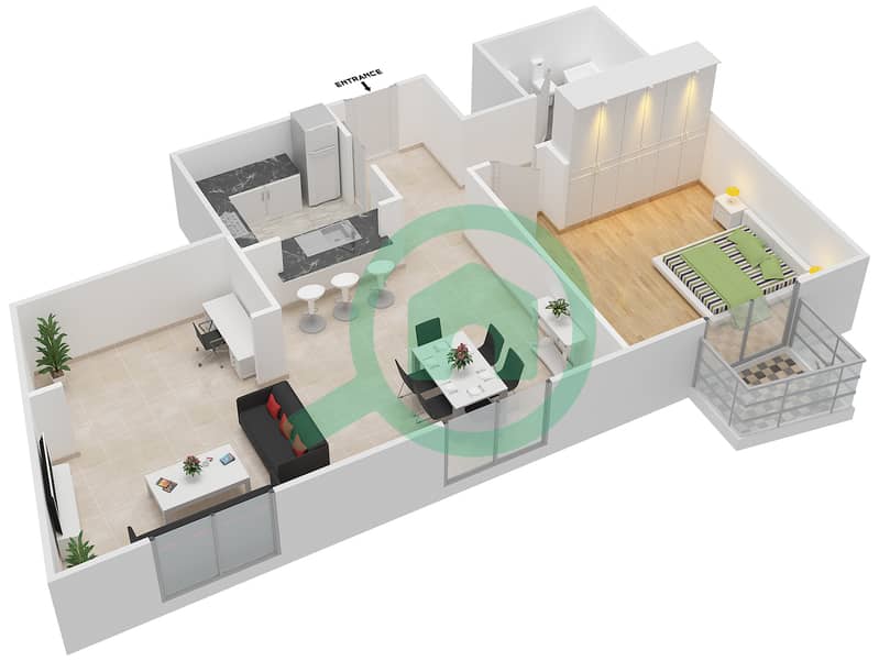 المخططات الطابقية لتصميم التصميم 1 شقة 1 غرفة نوم - بوليفارد سنترال بوديوم interactive3D