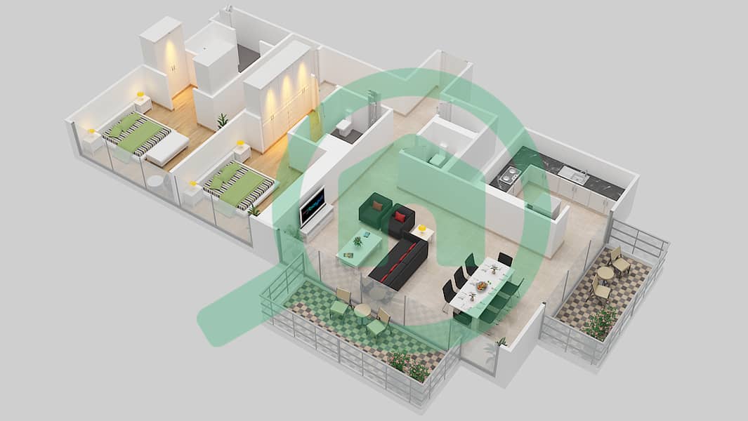 المخططات الطابقية لتصميم الوحدة 101 شقة 2 غرفة نوم - بوليفارد هايتس بوديوم interactive3D
