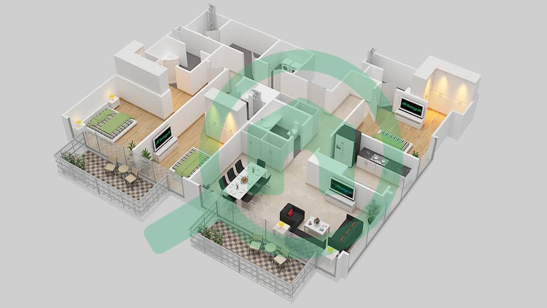 المخططات الطابقية لتصميم الوحدة 103 شقة 3 غرف نوم - بوليفارد هايتس بوديوم interactive3D