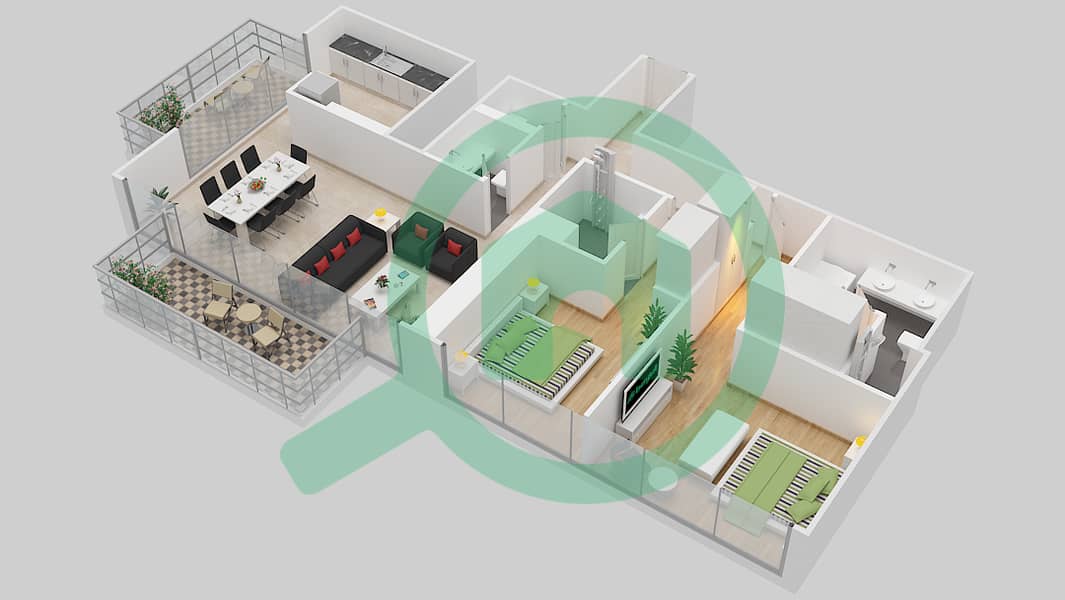 المخططات الطابقية لتصميم الوحدة 102 شقة 2 غرفة نوم - بوليفارد هايتس بوديوم interactive3D