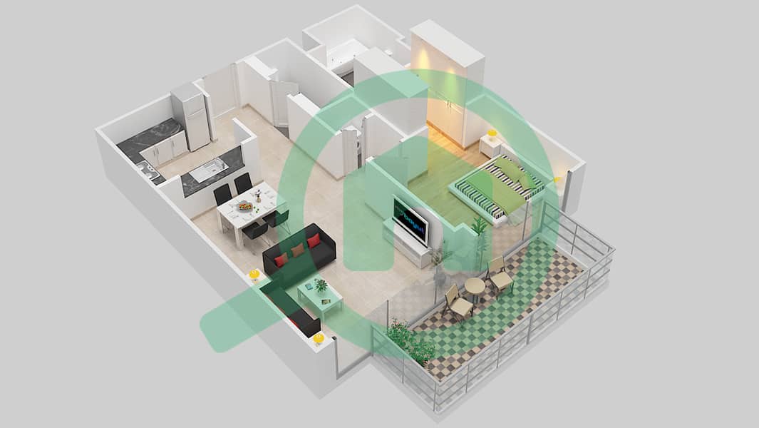 المخططات الطابقية لتصميم الوحدة 104 شقة 1 غرفة نوم - بوليفارد هايتس بوديوم interactive3D