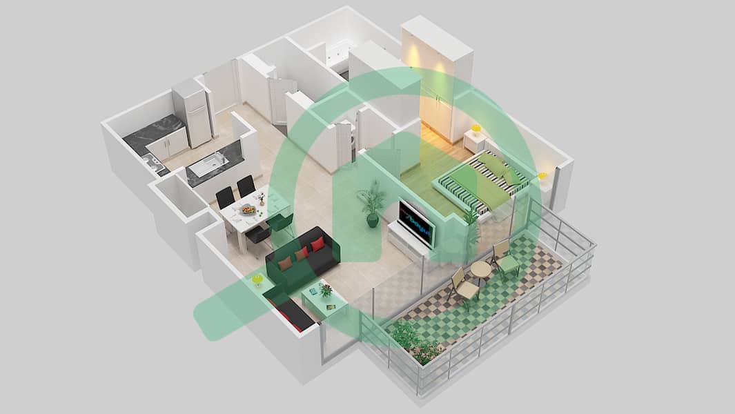 المخططات الطابقية لتصميم الوحدة 105,106,110 شقة 1 غرفة نوم - بوليفارد هايتس بوديوم interactive3D