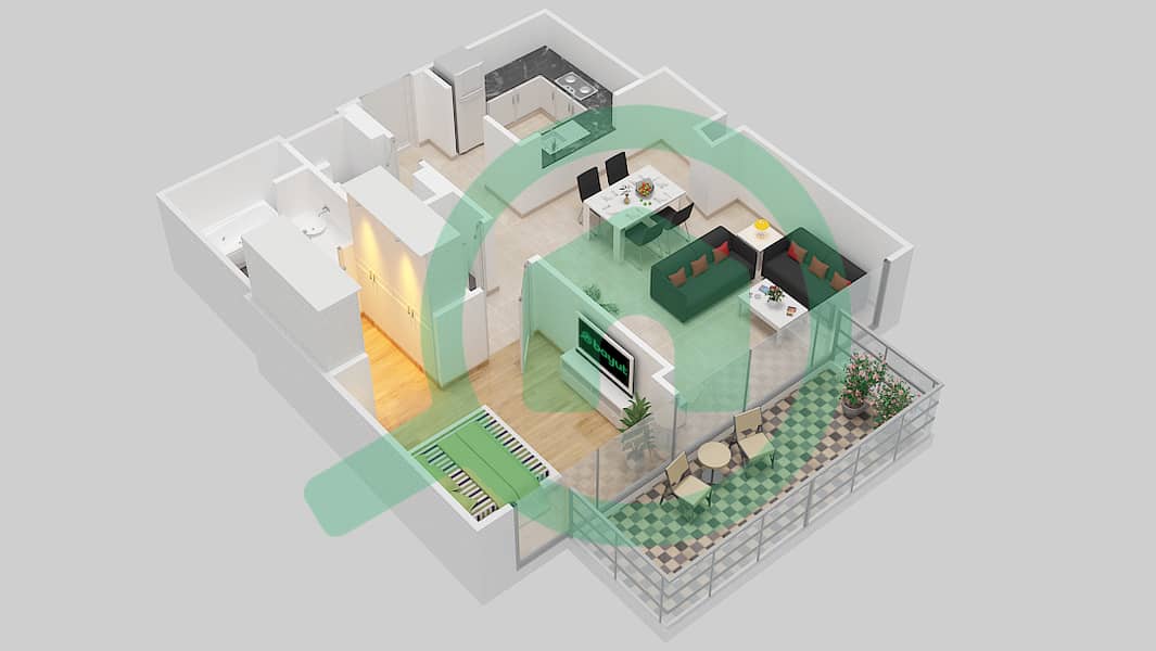 BLVD Хайтс Подиум - Апартамент 1 Спальня планировка Единица измерения 107 interactive3D