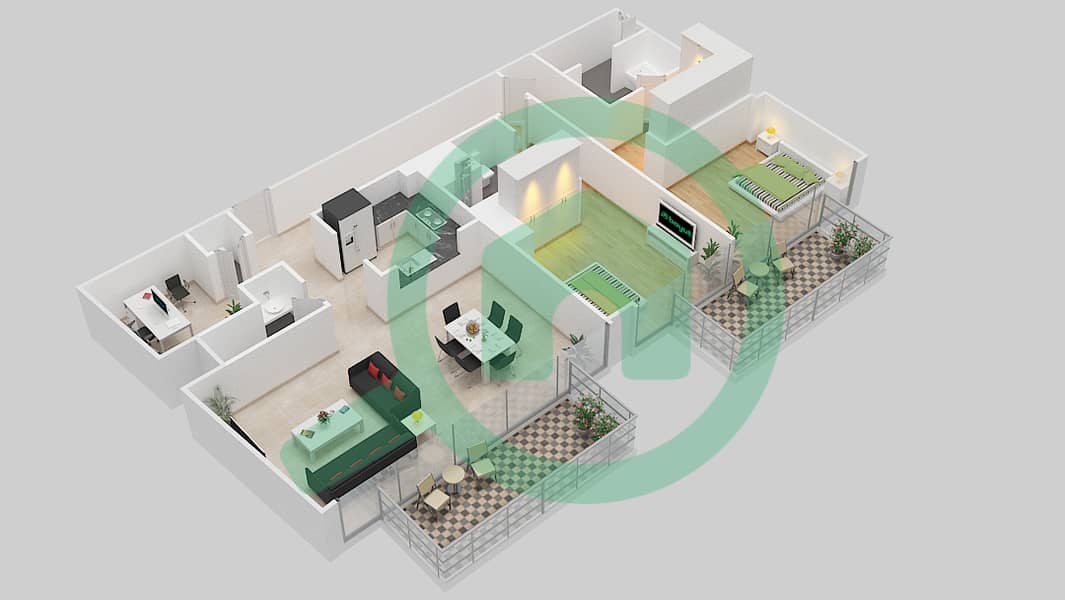 المخططات الطابقية لتصميم الوحدة 108 شقة 2 غرفة نوم - بوليفارد هايتس بوديوم interactive3D