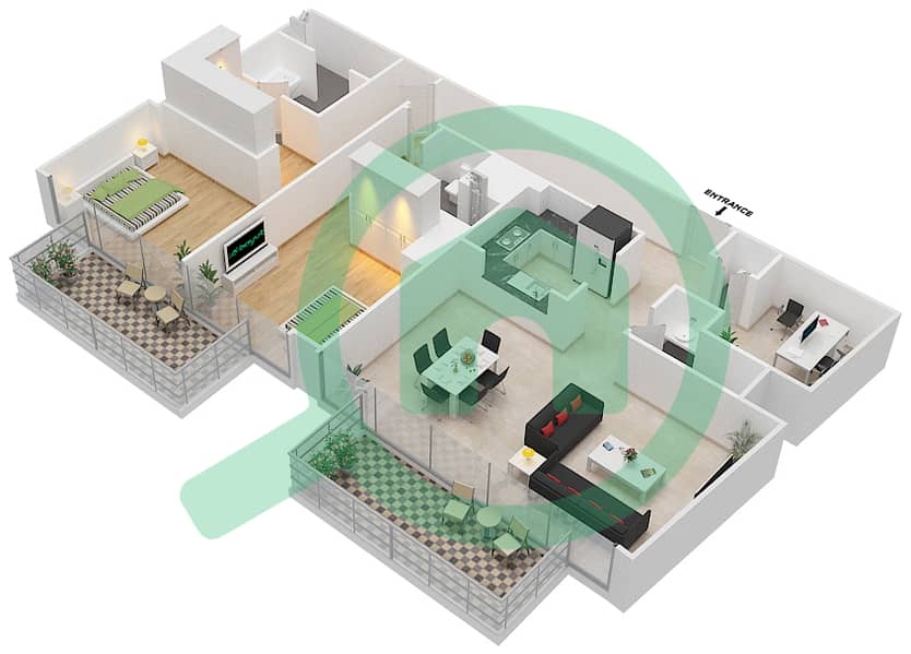 المخططات الطابقية لتصميم الوحدة 109 شقة 2 غرفة نوم - بوليفارد هايتس بوديوم interactive3D