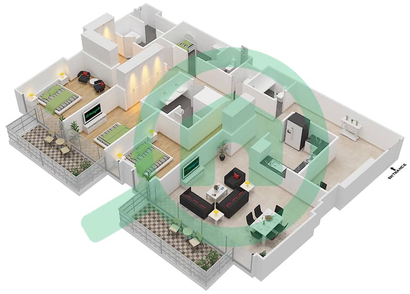BLVD Хайтс Подиум - Апартамент 3 Cпальни планировка Единица измерения 111 interactive3D