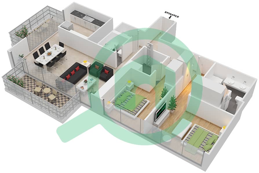 المخططات الطابقية لتصميم الوحدة 202 شقة 2 غرفة نوم - بوليفارد هايتس بوديوم interactive3D