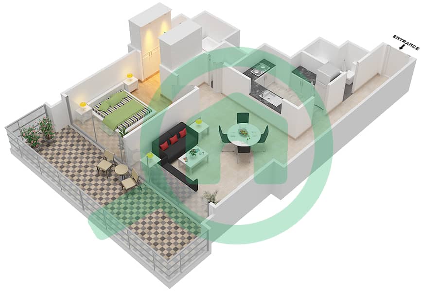 المخططات الطابقية لتصميم الوحدة 203 شقة 1 غرفة نوم - بوليفارد هايتس بوديوم interactive3D