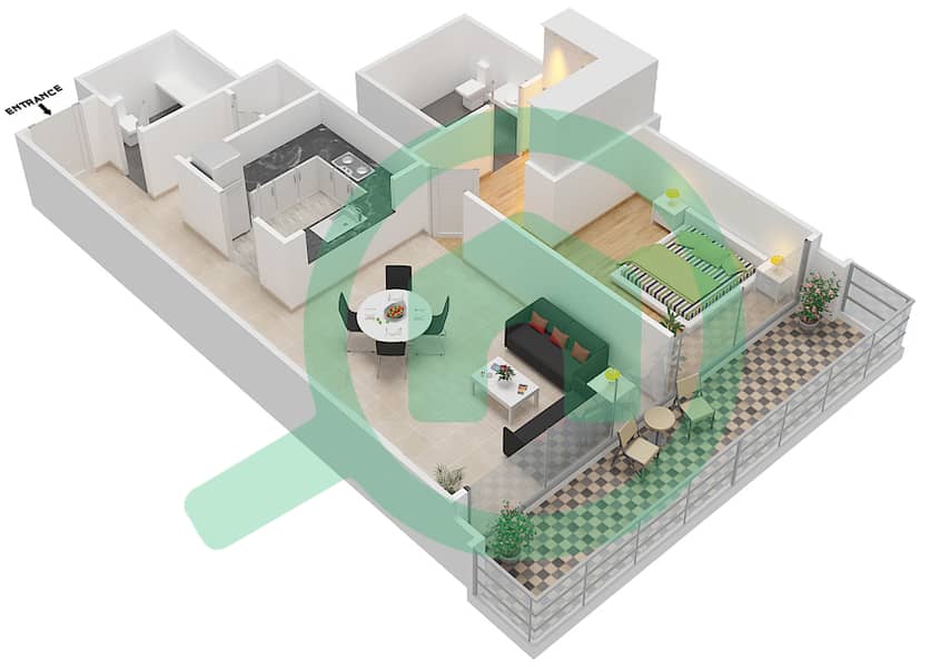 المخططات الطابقية لتصميم الوحدة 204 شقة 1 غرفة نوم - بوليفارد هايتس بوديوم interactive3D
