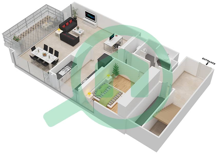 المخططات الطابقية لتصميم الوحدة 205 شقة 3 غرف نوم - بوليفارد هايتس بوديوم interactive3D