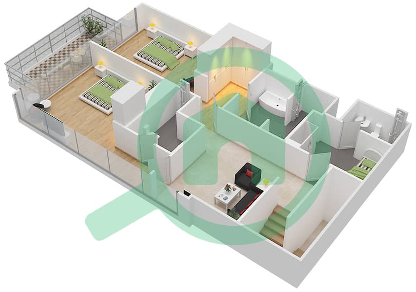 المخططات الطابقية لتصميم الوحدة 205 شقة 3 غرف نوم - بوليفارد هايتس بوديوم interactive3D