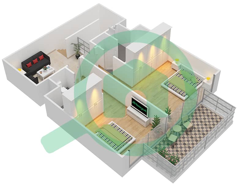 المخططات الطابقية لتصميم الوحدة 206 شقة 2 غرفة نوم - بوليفارد هايتس بوديوم interactive3D