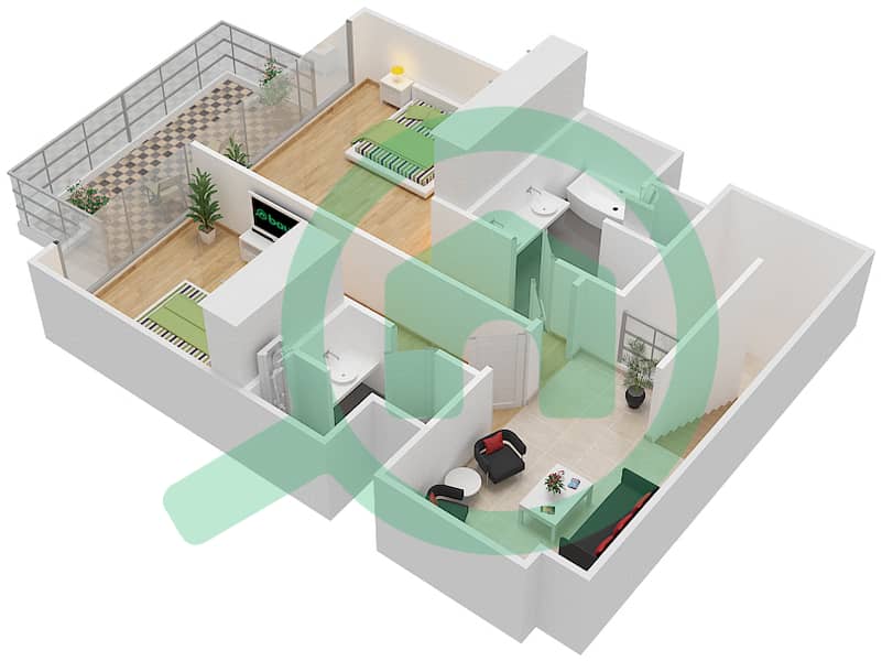 المخططات الطابقية لتصميم الوحدة 207 شقة 2 غرفة نوم - بوليفارد هايتس بوديوم interactive3D