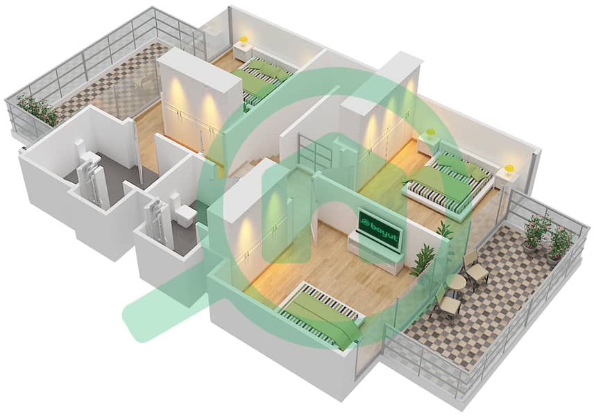 المخططات الطابقية لتصميم الوحدة 208 شقة 3 غرف نوم - بوليفارد هايتس بوديوم interactive3D