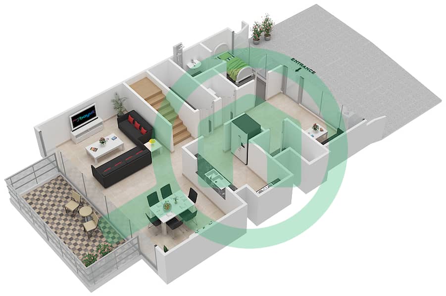 المخططات الطابقية لتصميم الوحدة 210 شقة 3 غرف نوم - بوليفارد هايتس بوديوم interactive3D