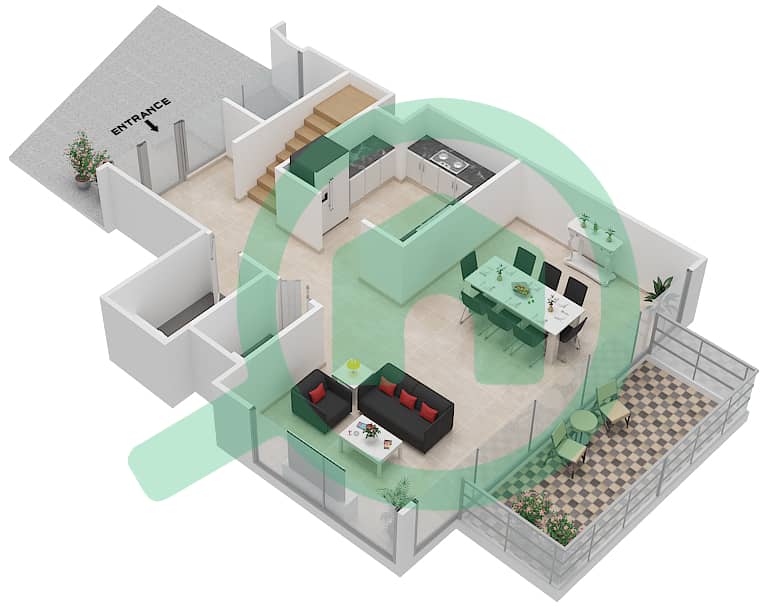 المخططات الطابقية لتصميم الوحدة 212 شقة 2 غرفة نوم - بوليفارد هايتس بوديوم interactive3D