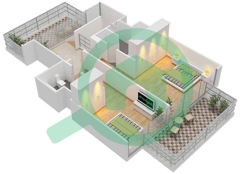 المخططات الطابقية لتصميم الوحدة 212 شقة 2 غرفة نوم - بوليفارد هايتس بوديوم interactive3D