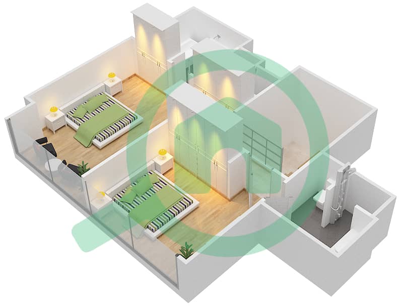 المخططات الطابقية لتصميم الوحدة 213-215 شقة 2 غرفة نوم - بوليفارد هايتس بوديوم interactive3D