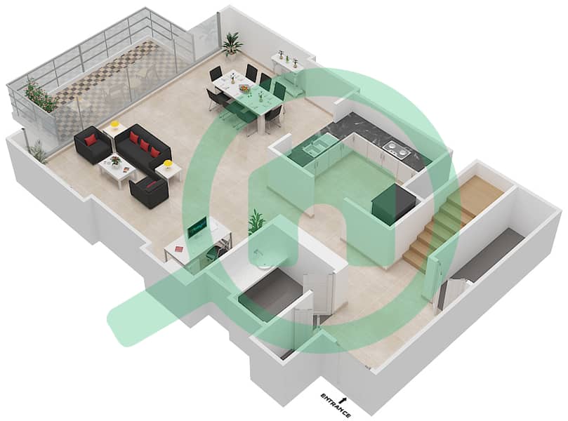 المخططات الطابقية لتصميم الوحدة 216 شقة 2 غرفة نوم - بوليفارد هايتس بوديوم interactive3D