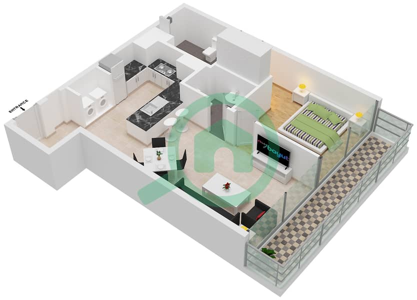 滨海之门2号 - 1 卧室公寓类型1E SUITE 4-5,9-11戶型图 interactive3D