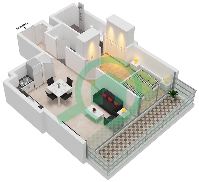 滨海之门2号 - 1 卧室公寓类型1G SUITE 2-3戶型图 interactive3D