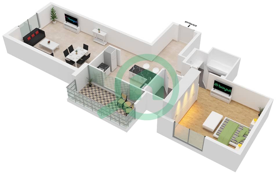 المخططات الطابقية لتصميم النموذج B شقة 1 غرفة نوم - برج سلافة interactive3D