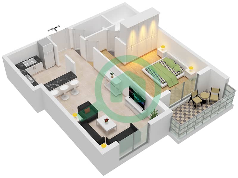 المخططات الطابقية لتصميم النموذج C شقة 1 غرفة نوم - برج سلافة interactive3D
