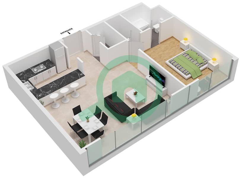 المخططات الطابقية لتصميم النموذج D شقة 1 غرفة نوم - برج سلافة interactive3D