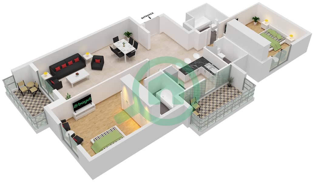 المخططات الطابقية لتصميم النموذج E شقة 2 غرفة نوم - برج سلافة interactive3D