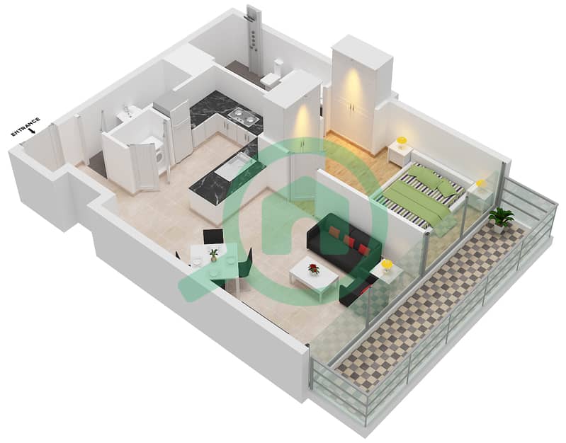 滨海之门2号 - 1 卧室公寓类型1J SUITE 2-3戶型图 interactive3D