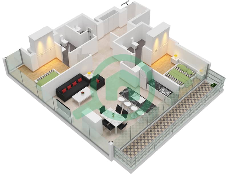 المخططات الطابقية لتصميم النموذج 2G SUITE 1-3 شقة 2 غرفة نوم - مارينا جيت 2 interactive3D