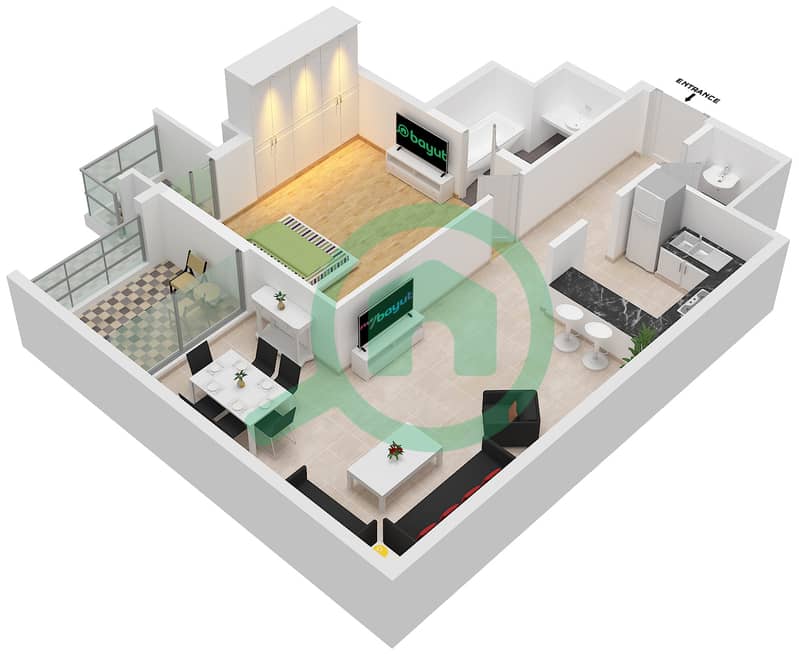 المخططات الطابقية لتصميم النموذج A شقة 1 غرفة نوم - برج سلافة interactive3D