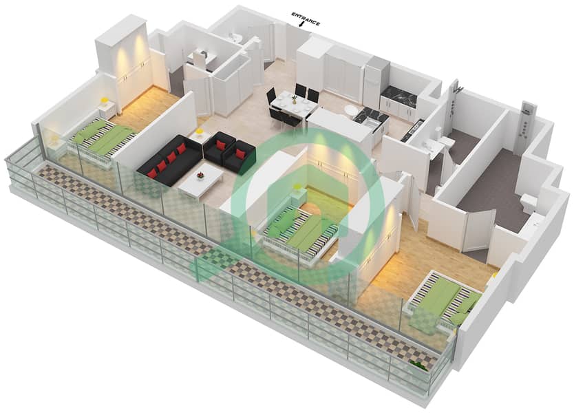 滨海之门2号 - 3 卧室公寓类型3E SUITE 2戶型图 interactive3D