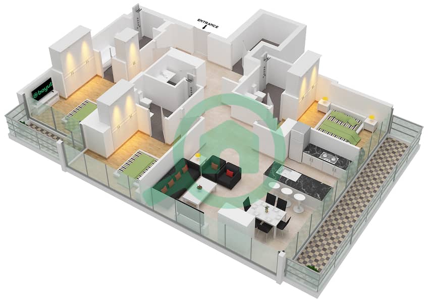 Марина Гейт 2 - Апартамент 3 Cпальни планировка Тип 3F SUITE 1,4 interactive3D