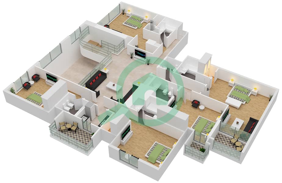 المخططات الطابقية لتصميم النموذج H بنتهاوس 7 غرف نوم - برج سلافة interactive3D