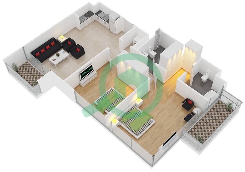 第一幕塔楼｜第二幕塔楼 - 2 卧室公寓单位3 FLOOR 18-30戶型图 interactive3D
