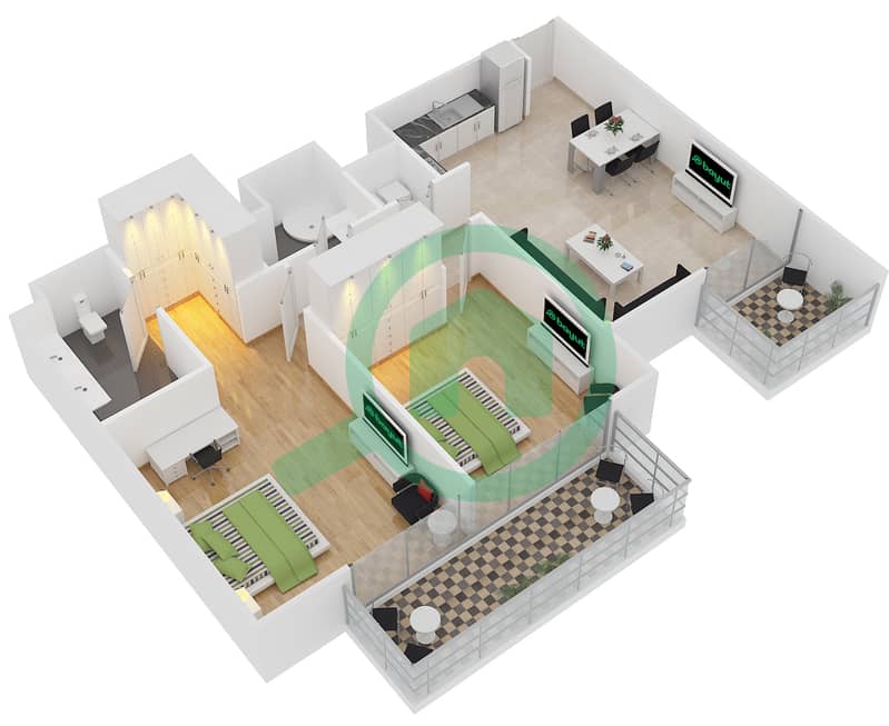 المخططات الطابقية لتصميم الوحدة 10 FLOOR 11-15 شقة 2 غرفة نوم - آكت ون | آكت تو interactive3D