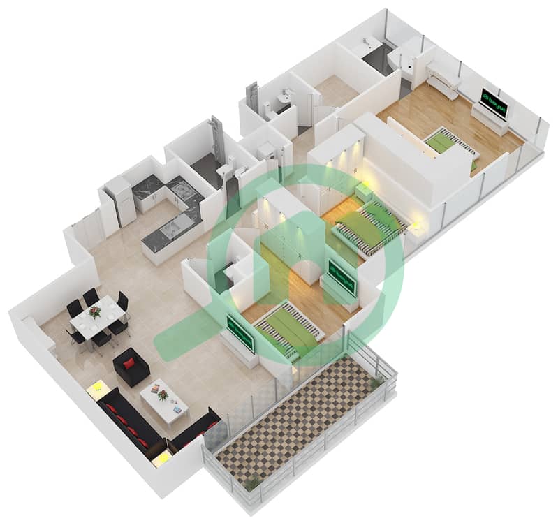 Акт Уан | Акт Ту Тауэрс - Апартамент 3 Cпальни планировка Единица измерения 8 FLOOR 18-30,32-44 interactive3D